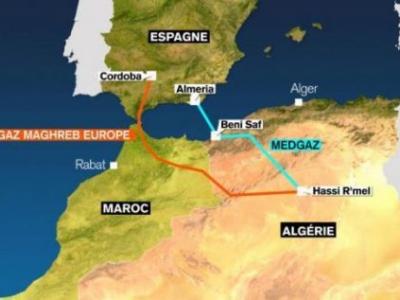خريطة لأنبوبي الغاز اللذان يربطان الجزائر بإسبانيا