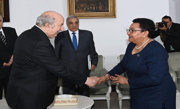 وزيرة الخارجية التنزانية تصافح رئيس الجمهورية