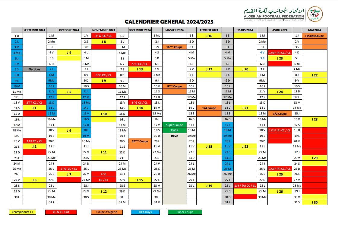 Calendrier de la saison 2024-2025