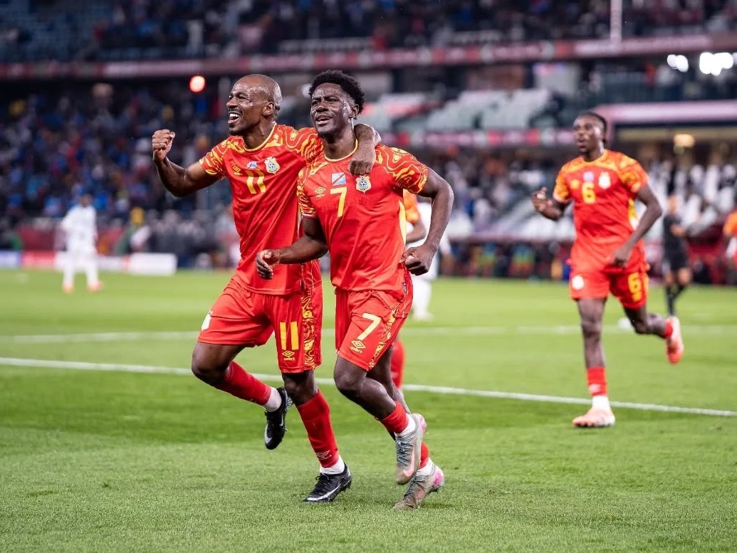 Les joueurs de la RDC fêtent le but marqué face au Botswana