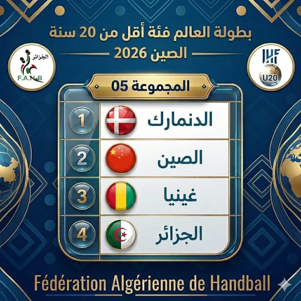 كرة البد/ بطولة العالم لأقل من 20 سنة (إناث): الجزائر في المجموعة الخامسة  إلى جانب  الدنمارك والصين وغينيا.