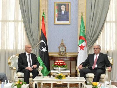 Le président de l'APN, Brahim Boughali avec le président du Parlement libyen,  Aguila Salah